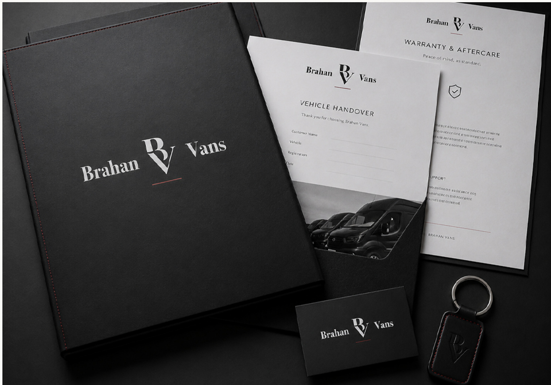 Brahan Vans handover folder, documents, business card and keyring