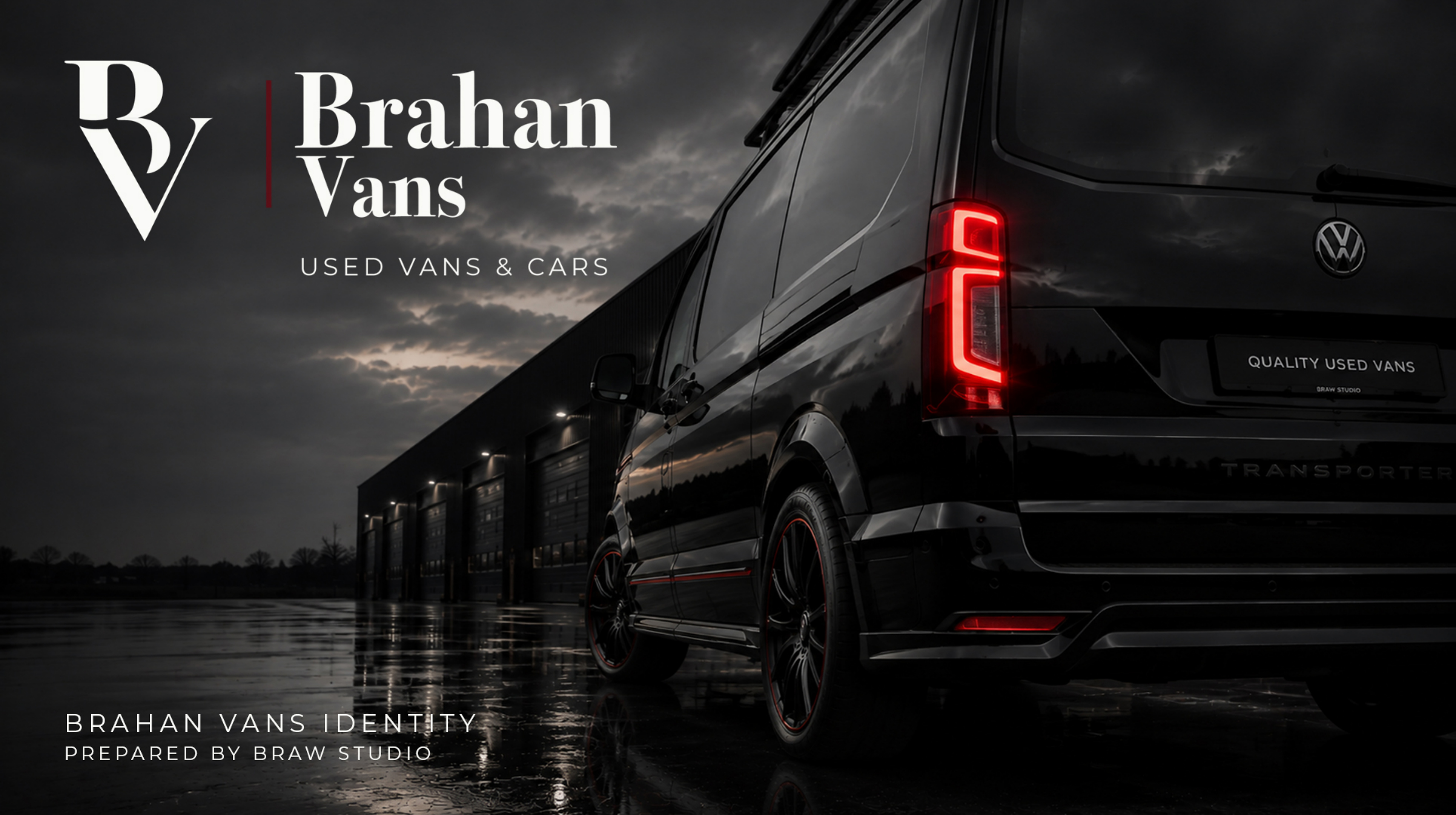 Brahan Vans identity beside a black Volkswagen van in an atmospheric vehicle workshop setting