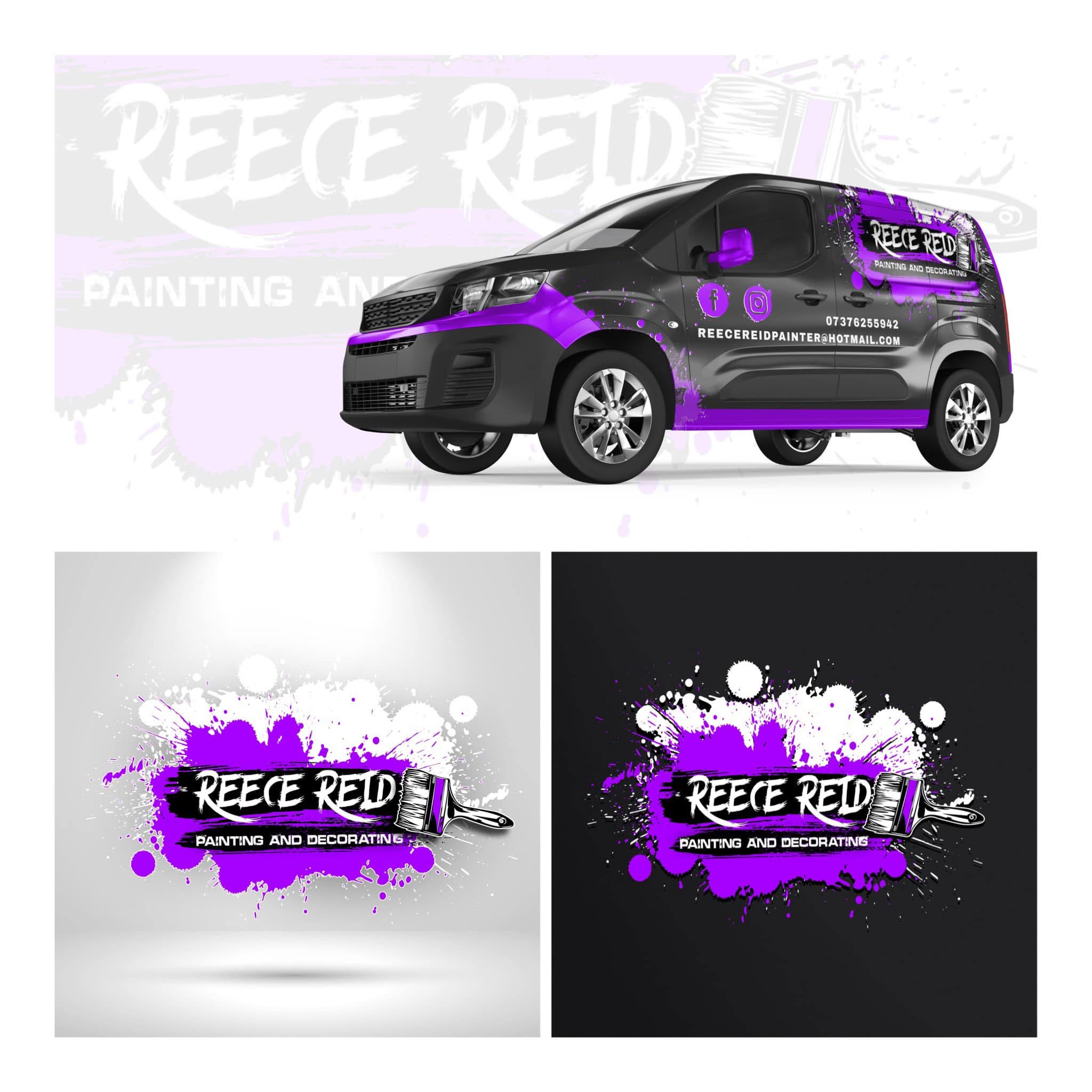 Reece Reid identity board showing the van concept and light and dark logo applications